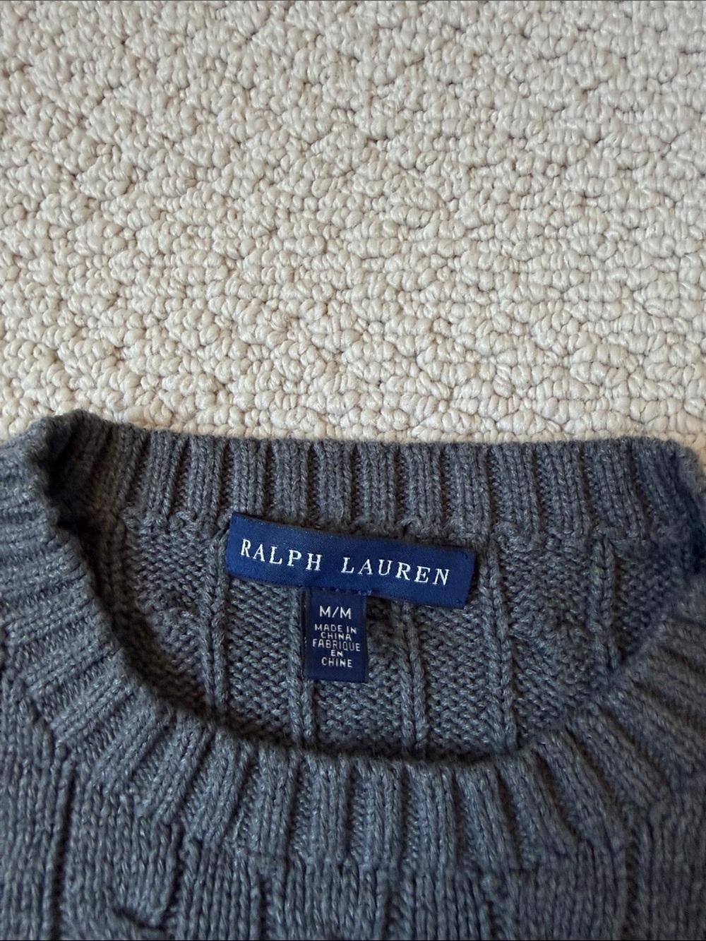 Ralph Lauren Gray Cable Knit Crewneck Sweater with Red Polo Patch - Picture 2 of 6